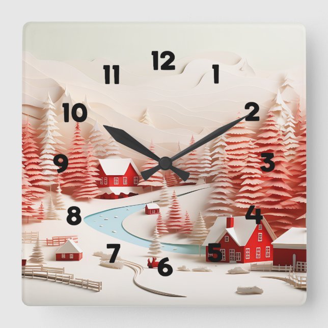 Reloj Cuadrado Paisaje de invierno escandinavo en 3D (Anverso)