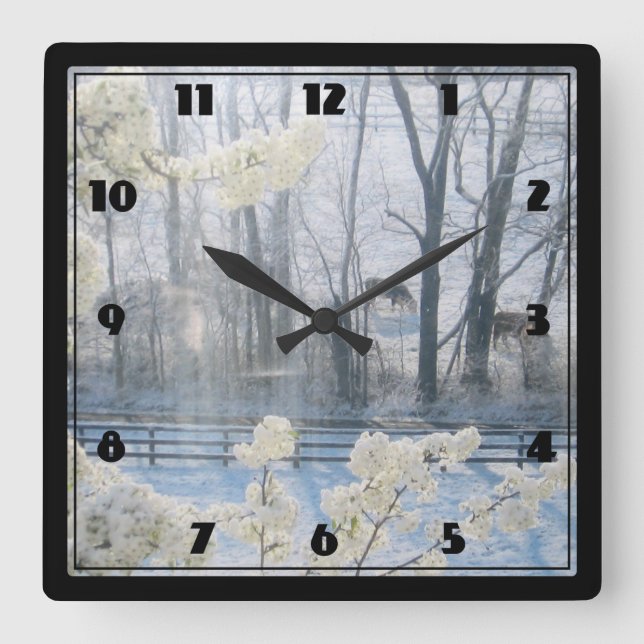 Reloj Cuadrado Paisaje de la naturaleza pastoral en invierno (Anverso)