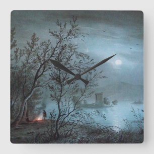 RELOJ CUADRADO PAISAJE DE NOCTURNA ROMÁNTICA EN AZUL