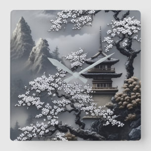 Reloj Cuadrado Paisaje de pagoda japonesa y flor de cerezo en par