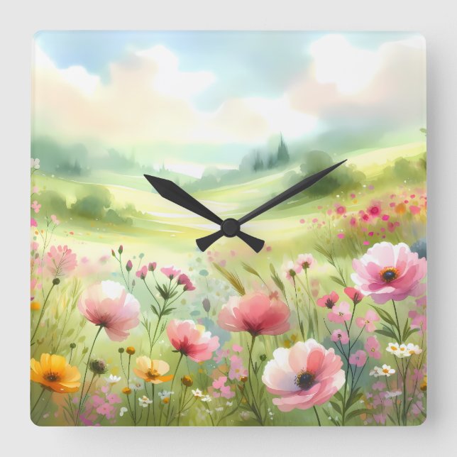 Reloj Cuadrado Paisaje de pradera de flores silvestres pastel (Anverso)