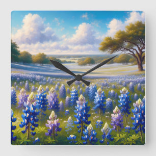 Reloj Cuadrado Paisaje de pradera de lupino azul de Texas