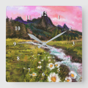 Reloj Cuadrado Paisaje de primavera - Flores - Pintura original