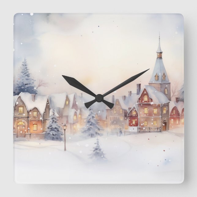 Reloj Cuadrado Paisaje del pueblo de Wonderland Wonderland Winter (Anverso)