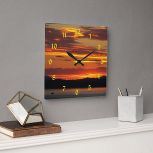 Reloj Cuadrado Paisaje dramático de puesta de sol naranja