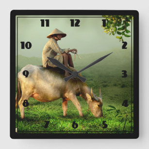 Reloj Cuadrado Paisaje escénico de Indonesia con búfalo y granjer