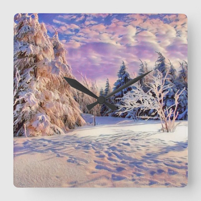 Reloj Cuadrado Paisaje invernal con árboles nevados acuarela (Anverso)