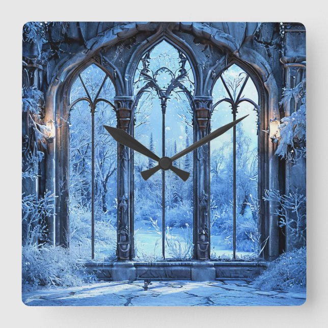 Reloj Cuadrado Paisaje invernal de ventana falsa congelada Nieve  (Anverso)