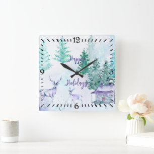Reloj Cuadrado Paisaje invernal en acuarela Felices Fiestas