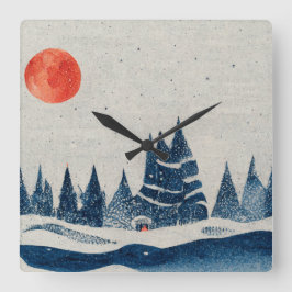 Reloj Cuadrado Paisaje invernal Selva marina azul rojo dibujo