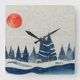 Reloj Cuadrado Paisaje invernal Selva marina azul rojo dibujo