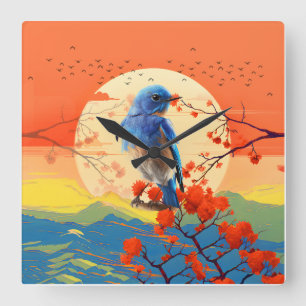 Reloj Cuadrado Paisaje Japonés Moderno De Naturaleza Con Pájaros
