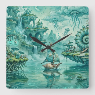 Reloj Cuadrado Paisaje marino surreal de ensueño en verde cian