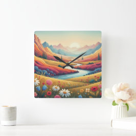 Reloj Cuadrado Paisaje moderno de montaña y flor al atardecer vib