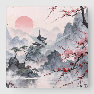 Reloj Cuadrado Paisaje montañoso de flor de cerezo japonés en par
