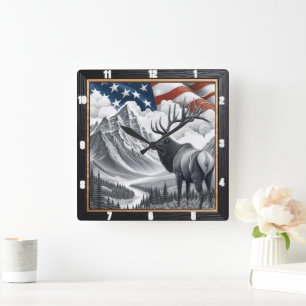 Reloj Cuadrado Paisaje patriótico de la montaña de Moose