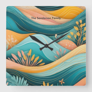 Reloj Cuadrado Paisaje Retro Groovy con Monograma Elegante