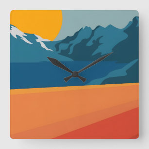 Reloj Cuadrado Paisaje Rojo y Azul de Montaña - Adentro Retro al 