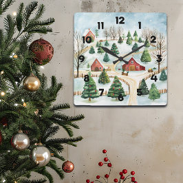 Reloj Cuadrado Paisaje rústico de invierno acuarela con árboles f