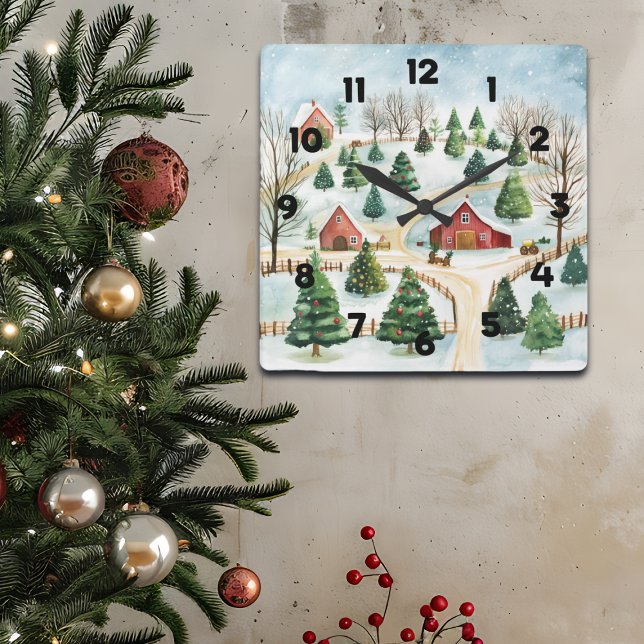 Reloj Cuadrado Paisaje rústico de invierno acuarela con árboles f (Subido por el creador)