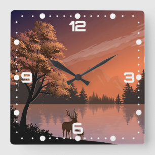 Reloj Cuadrado Paisaje Sunrise con Lago y Deers-51207