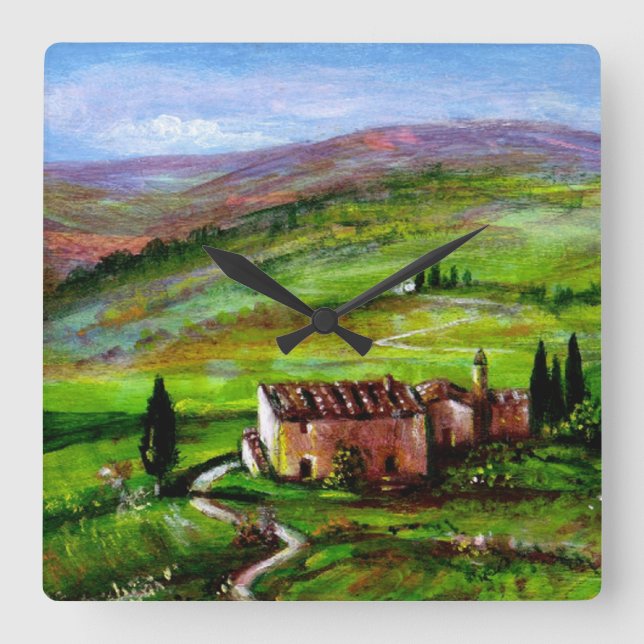 RELOJ CUADRADO PAISAJE TOSCANO CON COLINAS VERDES (Anverso)