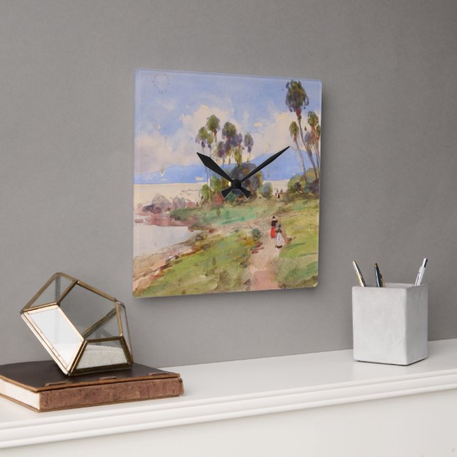 Reloj Cuadrado Paisaje tropical de acuarela Bella Artes en Jamaic (Oficina)