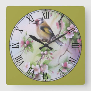 Reloj Cuadrado Pájaro amarillo pastel