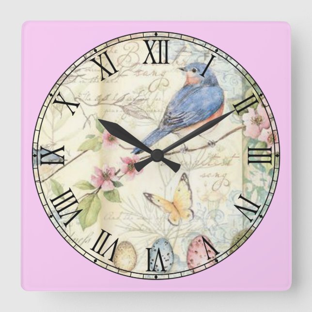 Reloj Cuadrado Pájaro azul dulce pastel (Anverso)