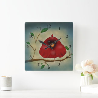 Reloj Cuadrado Pájaro Cardenal Rojo