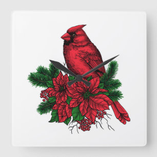 Reloj Cuadrado Pájaro cardinal, ilustracion Navidad