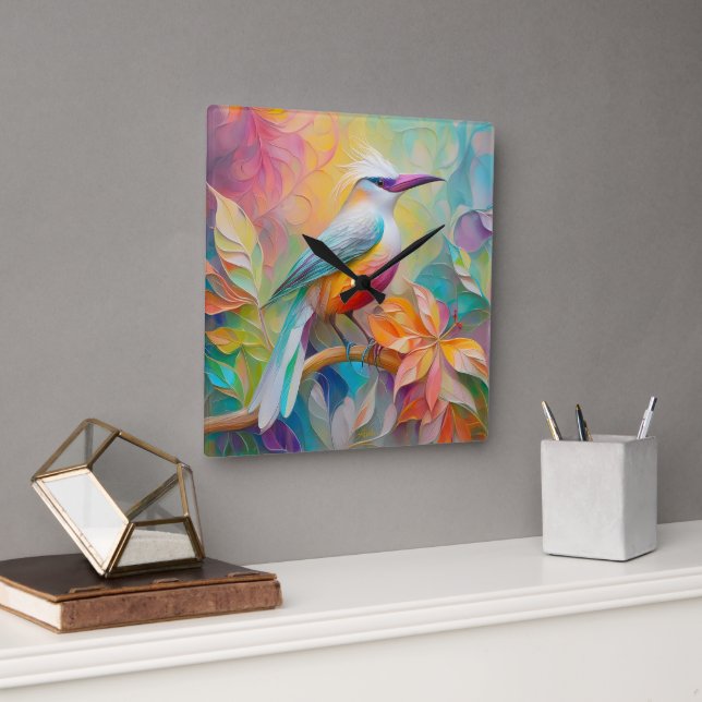 Reloj Cuadrado Pájaro de Fantasía de Pechuga Roja con Billar Rosa (Oficina)