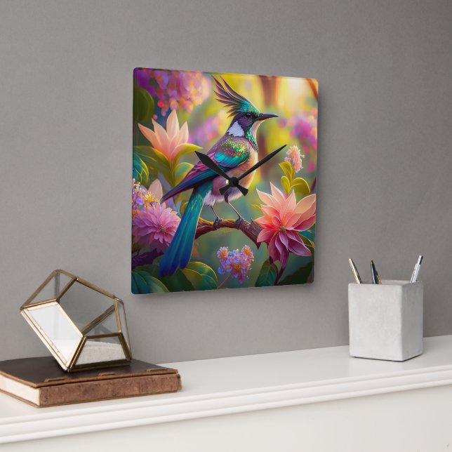 Reloj Cuadrado Pájaro de Jay Fantasy con cabeza verde (Oficina)