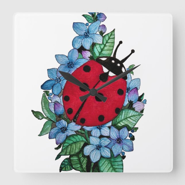 Reloj Cuadrado Pájaro De Ladybird Acuarela Con Flores Salvajes Az (Anverso)