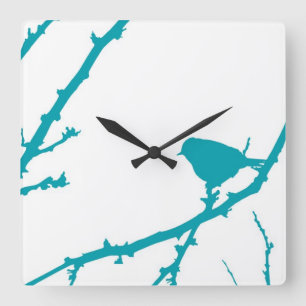 Reloj Cuadrado Pájaro en una sucursal Silhouette_Turquoise