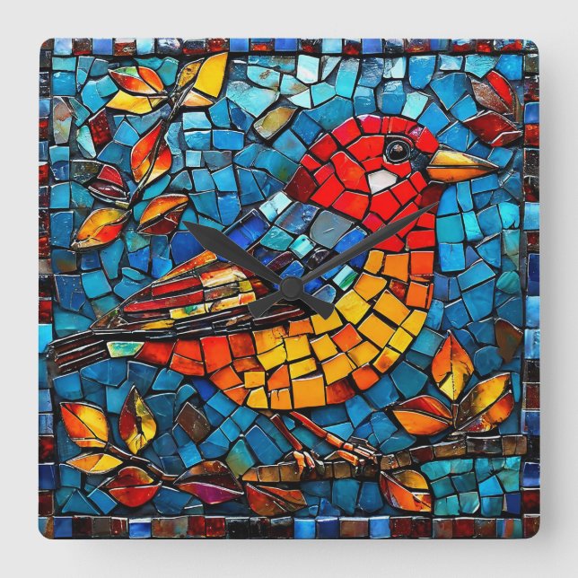 Reloj Cuadrado Pájaro mosaico lindo (Anverso)