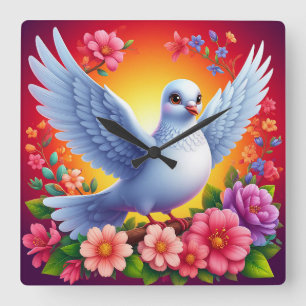 Reloj Cuadrado Pájaro Posado Entre Flores Coloridas