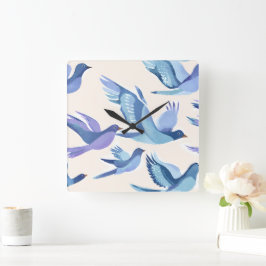 Reloj Cuadrado Pájaros Azules Volando | Acuarela Moderna