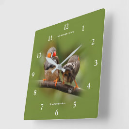 Reloj Cuadrado Pájaros Cantores Pinzones Cebra Traviesos en Rama