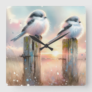 Reloj Cuadrado Pájaros de acuarela pastel en un poste de cerca al