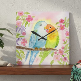 Reloj Cuadrado Pájaros de amor acuarela con flores rosas