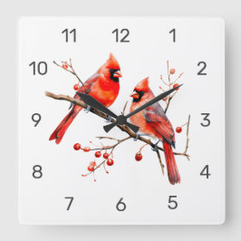 Reloj Cuadrado Pájaros del cardenal rojo en rama de árbol holly
