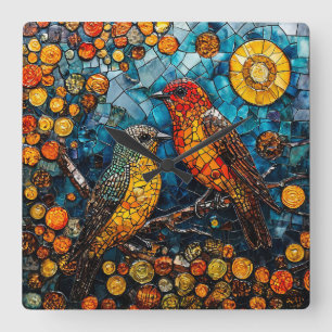 Reloj Cuadrado Pájaros mosaico lindos