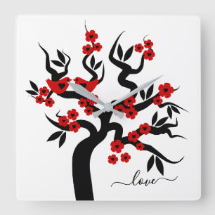 Reloj Cuadrado Pájaros rojos negros de amor sakura cerezo y flore