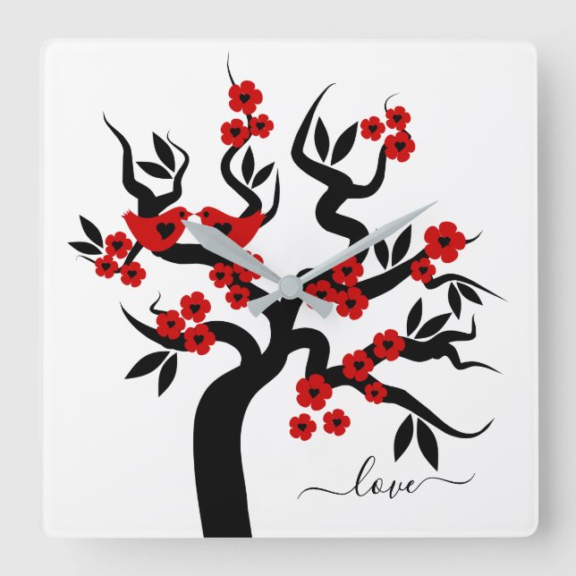 Reloj Cuadrado Pájaros rojos negros de amor sakura cerezo y flore (Anverso)
