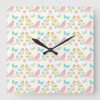 Reloj Cuadrado Pájaros rosados y mariposas azules