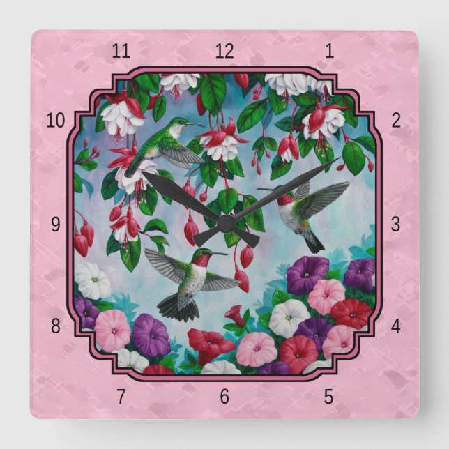 Reloj Cuadrado Pájaros y flores rosadas (Anverso)