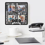 Reloj Cuadrado Palabras para el Collage de fotos negro del Día de<br><div class="desc">Celebra tu especial y maravilloso padre en tu vida con nuestras memorables y únicas palabras para papá, el reloj negro del día del padre. El diseño presenta un collage de diferentes palabras para papá combinado con un diseño de cuatro fotos para mostrar tus propias fotos familiares especiales. Fondo negro con...</div>