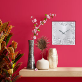 Reloj Cuadrado Palm floral gris plateado Monocrom Acero metálico