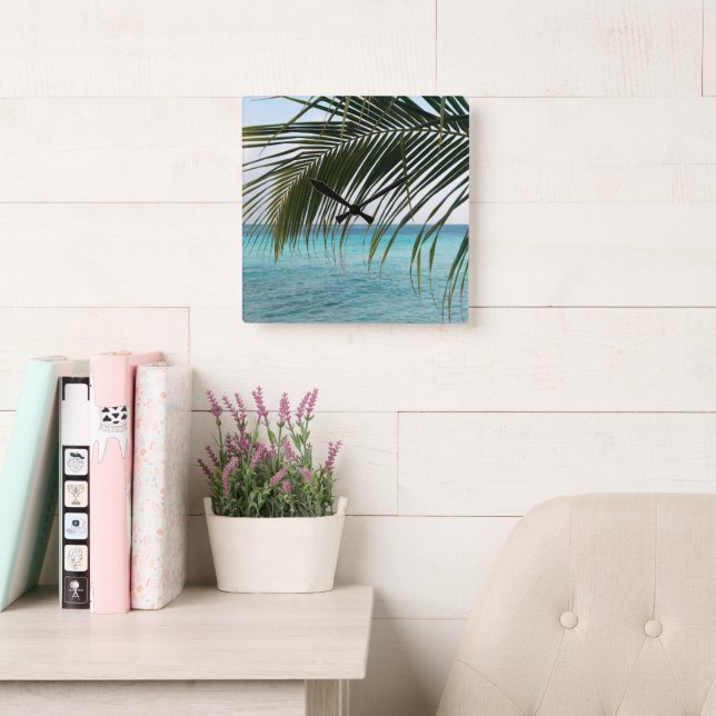 Reloj Cuadrado Palm oceánica del amanecer del Caribe 1 (Sala de lectura)